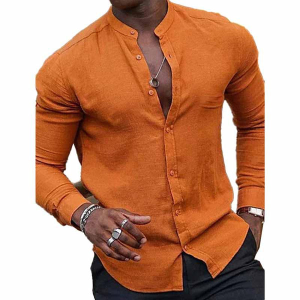 Men's Solid Color Long Sleeve Single Breasted Casual Stand Collar Shirt 30485623X