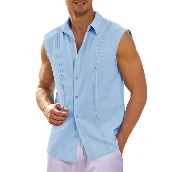 Men's Solid Color Pleated Lapel Beach Sleeveless Shirt 85775896Y