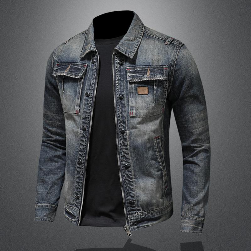 Men's Vintage Washed Slim Fit Zip-Up Denim Motorcycle Jacket 11233018M