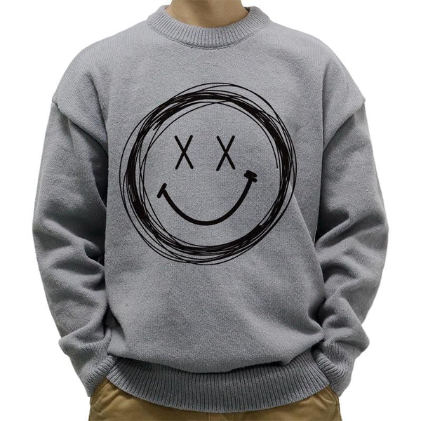 Men's Casual Round Neck Smiley Print Long Sleeve Pullover Sweater 95602516M