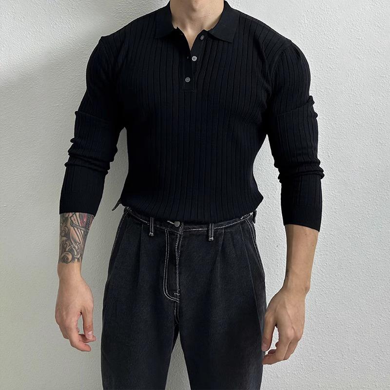 Men's Solid Striped Lapel Long Sleeve Casual Polo Shirt 78081957Z