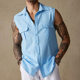 Men's Casual Cotton Linen Blended Flap Pocket Lapel Sleeveless Shirt 01525585M