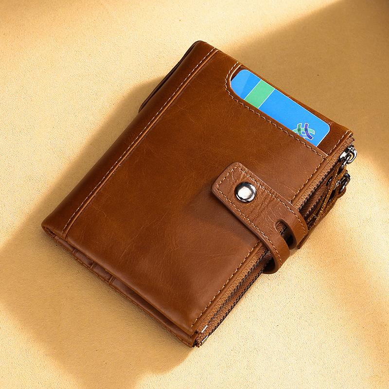 Men's Genuine Leather RFID Anti-theft Double Zipper Wax Wallet 87400898U