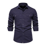 Men's Casual Solid Color Cotton Slim Lapel Long Sleeve Shirt 93396803M