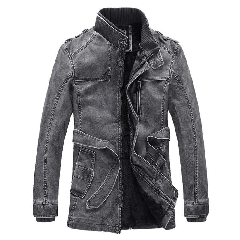 Men's Mid-length Stand Collar PU Leather Plus Fleece Coat 66364252U