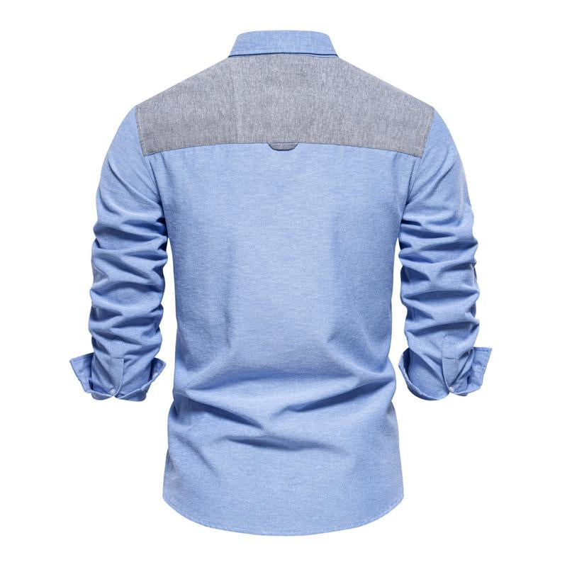 Men's Casual Oxford Fabric Color Block Lapel Long Sleeve Shirt 60430341M