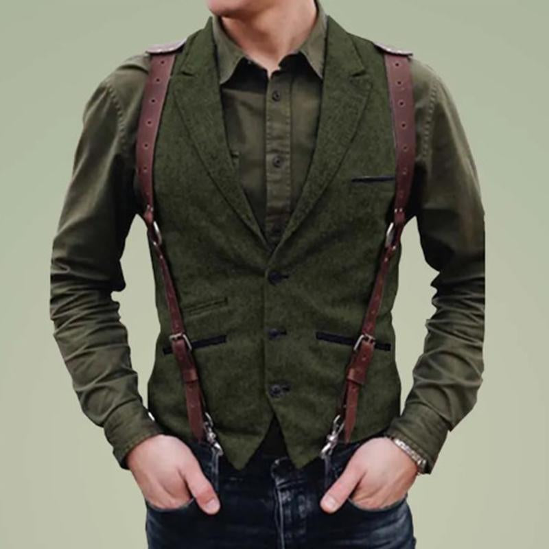 Men's Vintage Lapel Single-Breasted Multi-pocket Herringbone Vest 59356841M