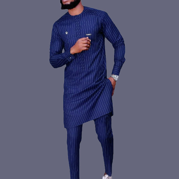 Men's Stripe Stitching Ethnic Style Round Neck Long Sleeve Top Suit Pants Set 32279029Y