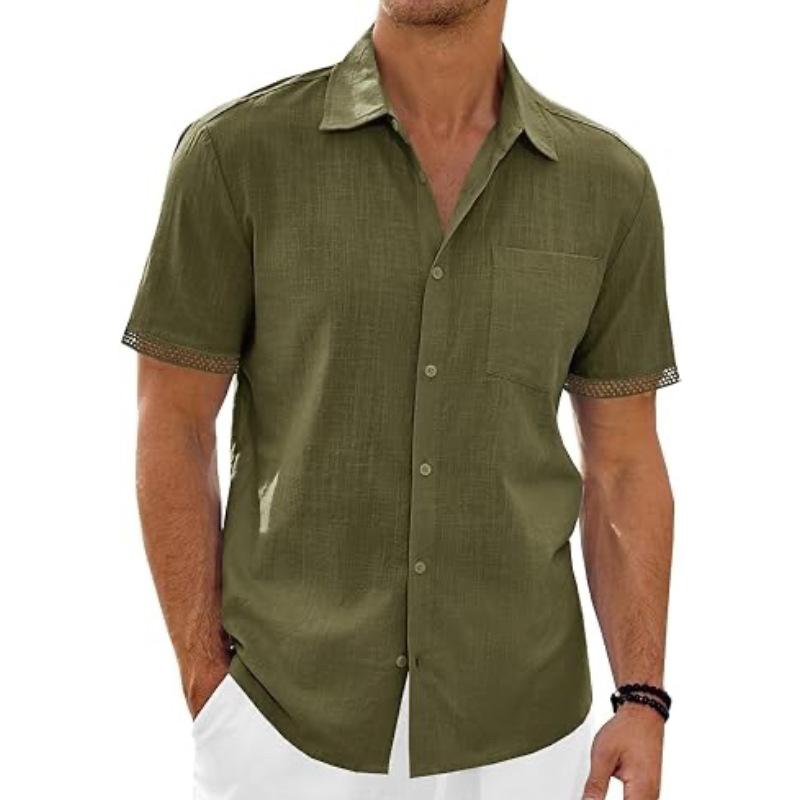 Men's Solid Color Patchwork Cotton And Linen Short-Sleeved Shirt 69778872Y