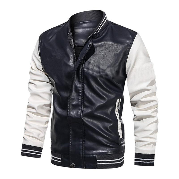 Men's Vintage Colorblock Leather Zipper Loose Baseball Jacket 12767705M