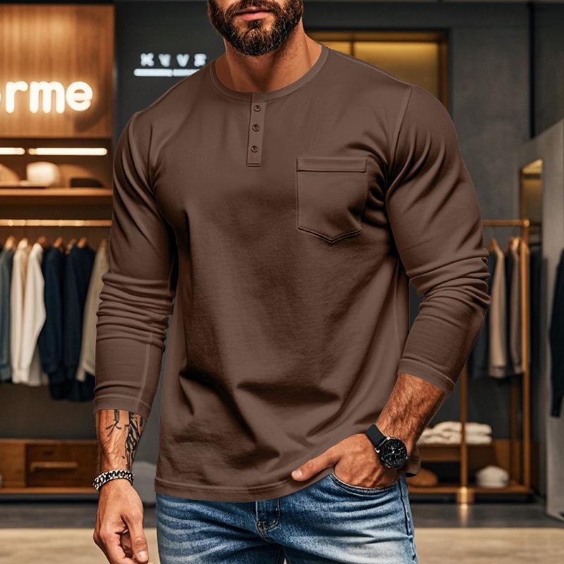 Men's Casual Crew Neck Cotton Blend Patch Pocket Long Sleeve T-Shirt 57193134M