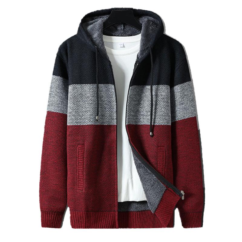 Men'S Casual Color Block Plush Warm Hooded Cardigan 80287881Y