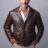 Men's Vintage Solid Quilted Lapel Single Breasted Leather Jacket 26402210Y