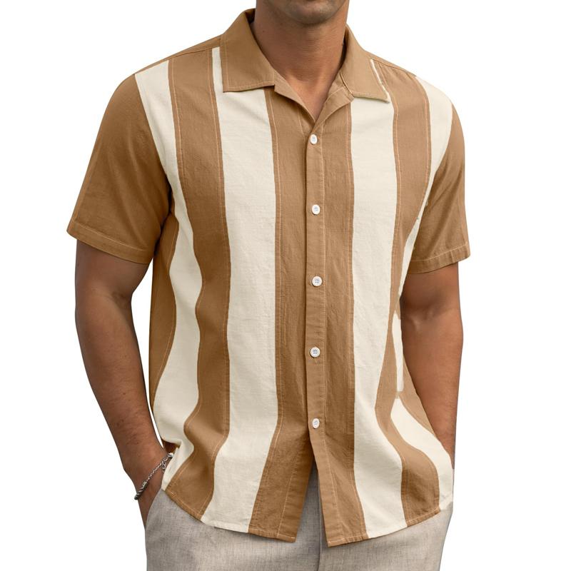 Men's Vintage Contrast Stripe Patchwork Cuban Collar Short-Sleeved Shirt 50213815M