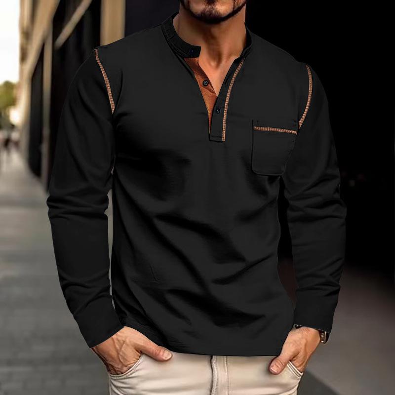 Men's Colorblock Henley Collar Breast Pocket Long Sleeve T-shirt 86794951Z