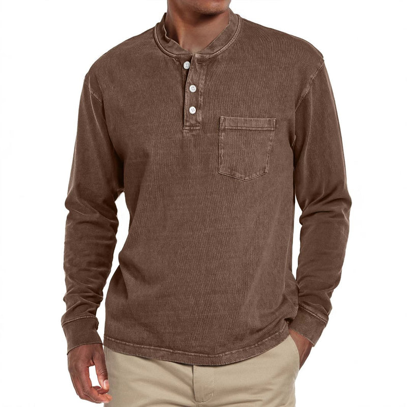 Men's Solid Henley Collar Chest Pocket Long Sleeve T-shirt 22248789Z