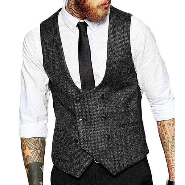 Men's Vintage Solid Color U-Neck Double Breasted Suit Vest 53167688Y