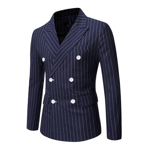 Men's Casual Striped Peaked Lapel Double Breasted Slim Fit Blazer 38287453M