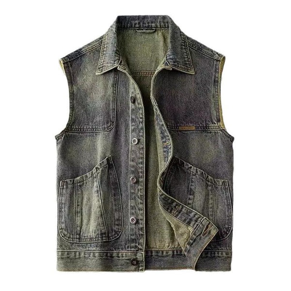 Men's Vintage Washed Motorcycle Lapel Denim Vest 03850905X