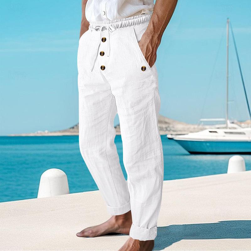 Men's Beach Solid Color Cotton and Linen Drawstring Pants 80434182Y