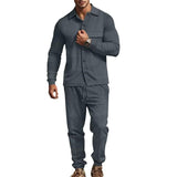 Men's Casual Jacquard Lapel Long Sleeve Shirt Sports Pants Set 76243885M