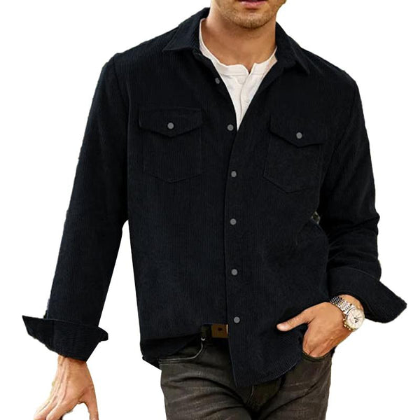 Men's Loose Vintage Solid Color Corduroy Pocket Long Sleeve Shirt 91635606Y