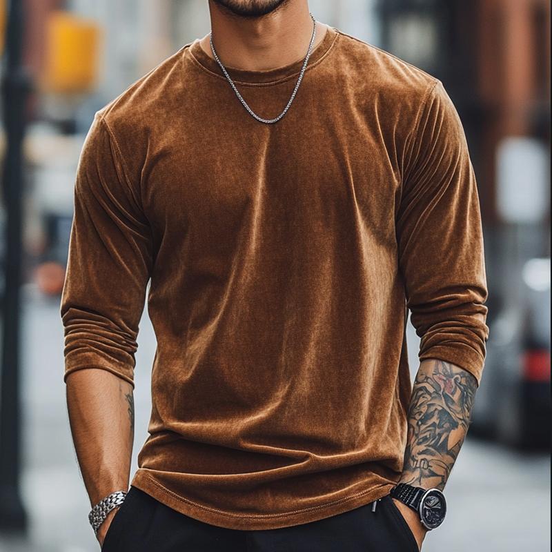 Men's Retro Casual Velvet V-neck Long Sleeve T-shirt 32213368TO