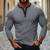 Men's Retro Casual Houndstooth Print Henley Neck Long Sleeve T-Shirt 79639470TO