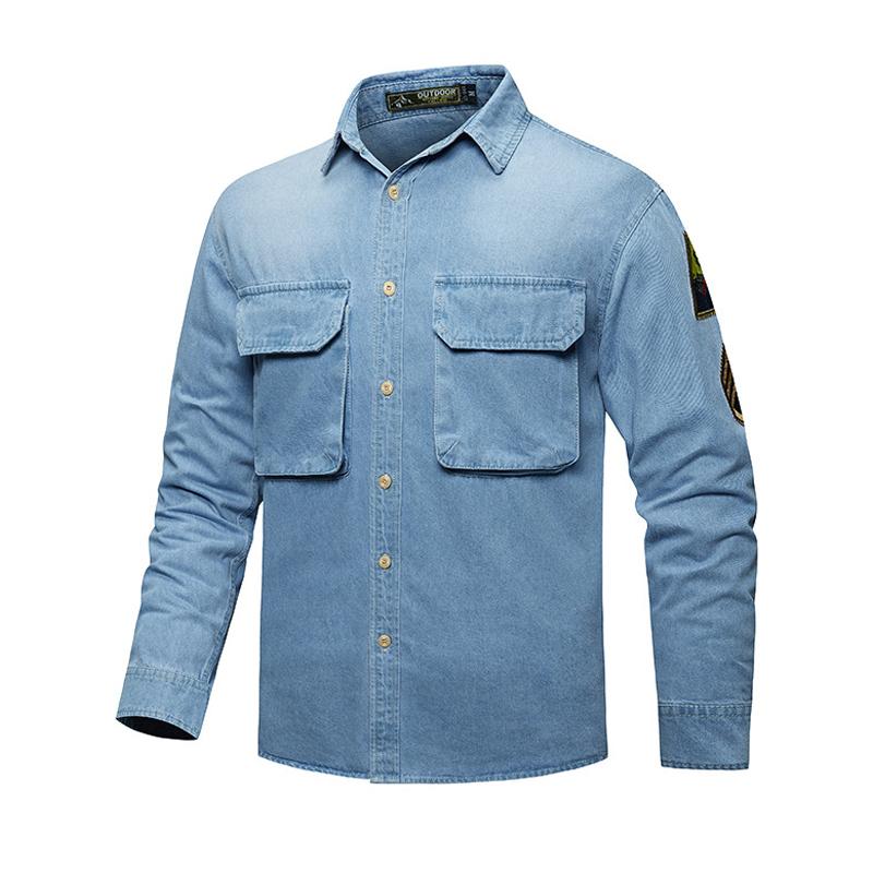 Men's Retro Solid Color Double Breast Pockets Denim Long Sleeve Shirt 63397050Y