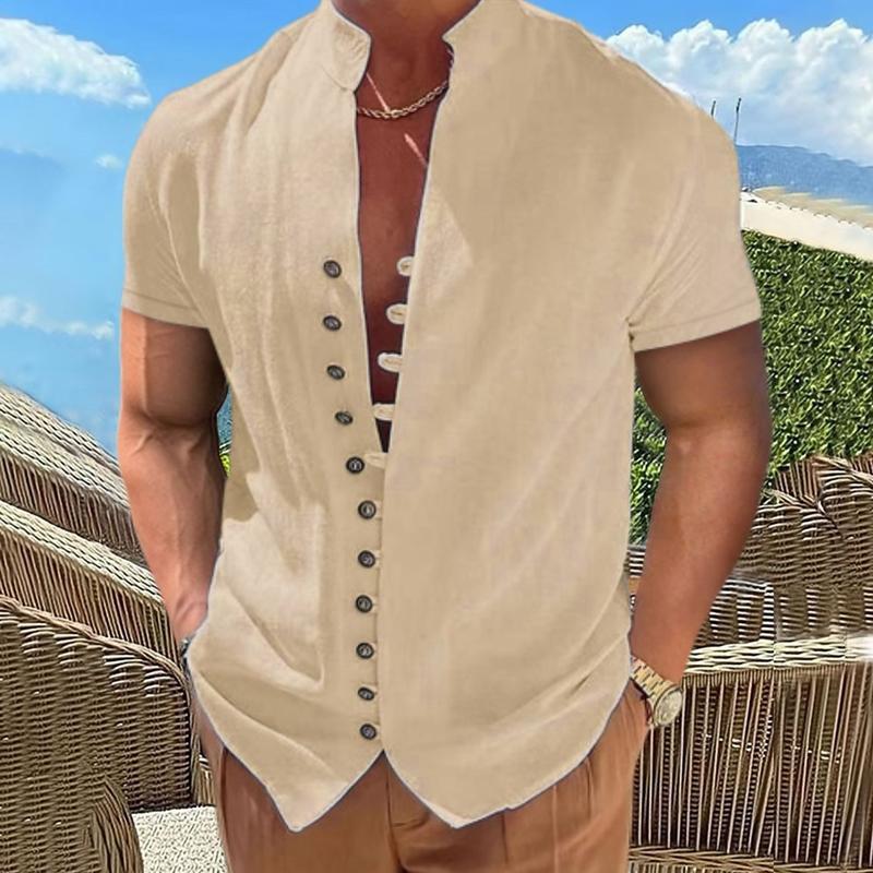 Men's Vintage Cotton Linen Button Stand Collar Short Sleeve Shirt 82161226X