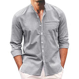 Men's Casual Stand Collar Cotton Linen Solid Color Long-Sleeved Shirt 53924113M