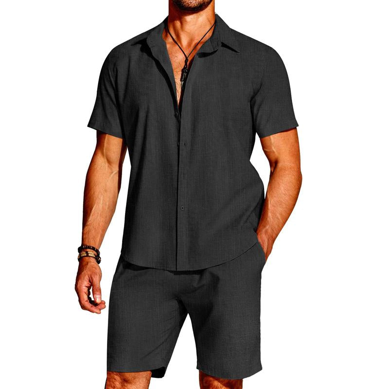 Men's Hawaiian Cotton and Linen Short-sleeved Shorts Two-piece Set 98525502X
