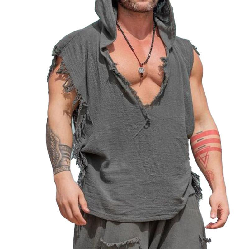Men's Casual Solid Color Cotton And Linen V-Neck Hooded Tank Top 93116982Y