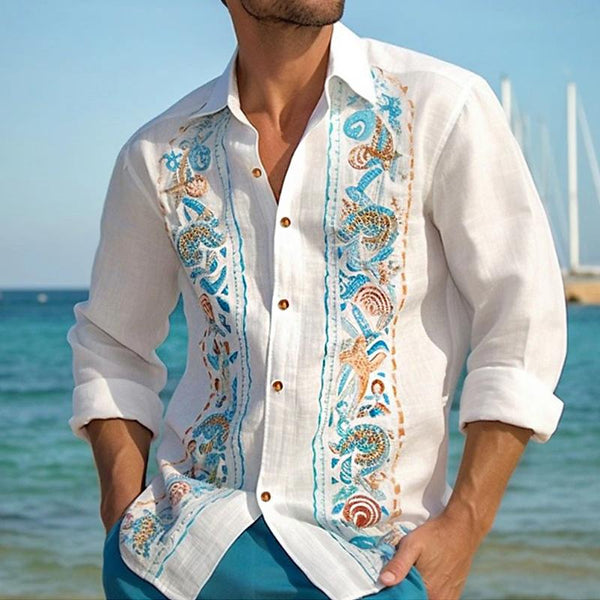 Men's Loose Blue Printed Lapel Long Sleeve Shirt 63809723Y