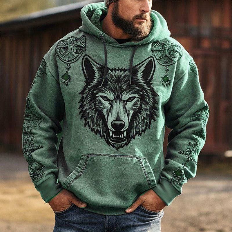 Men's Wolf Print Loose Sports Casual Hoodie 25310932Z