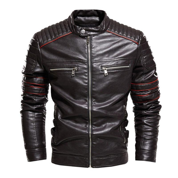 Men's Vintage Stand Collar Colorblock Slim Motorcycle Leather Jacket 18924555M