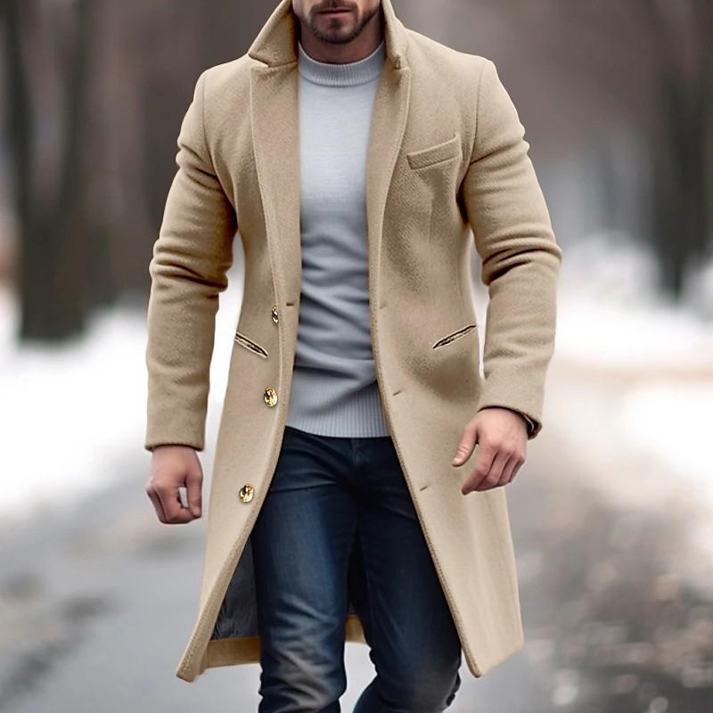 Men'S Vintage Solid Color Long Woolen Single-Breasted Lapel Coat 42944296Y