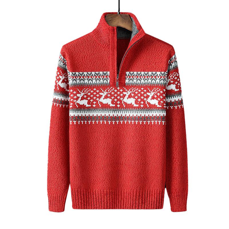 Men's Vintage Christmas Jacquard Zip Stand Collar Sweater 53613579Y