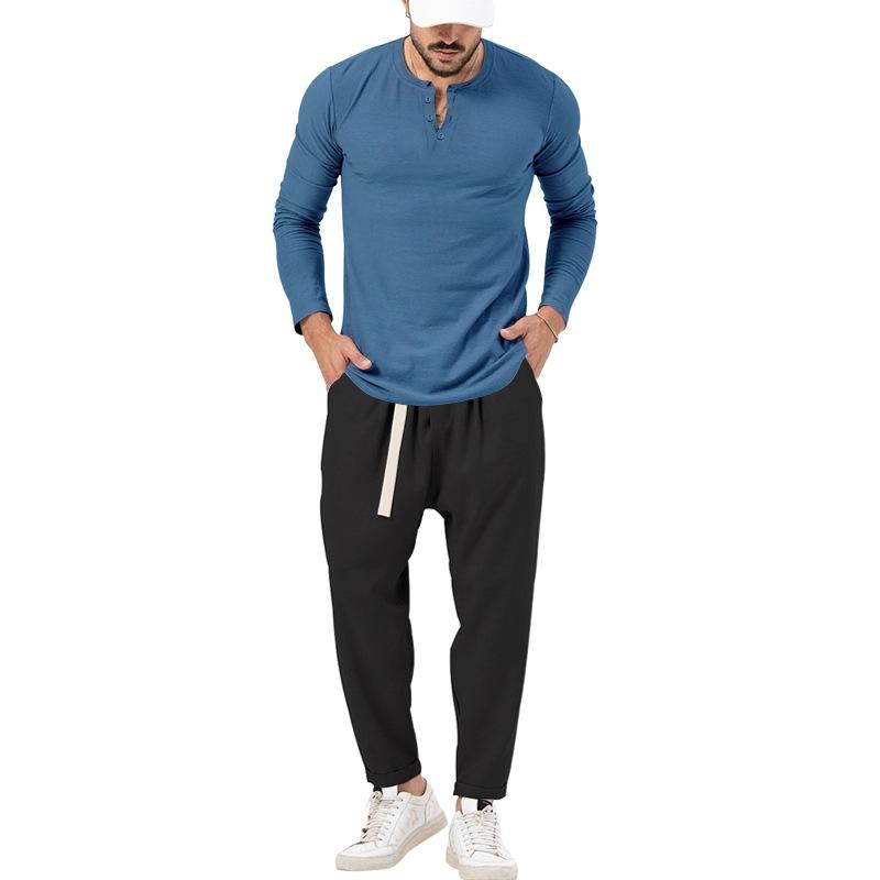 Men's Solid Color Casual Long Sleeve Henley T-Shirt Trouser Set 72706978X