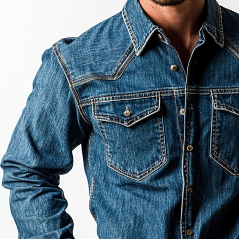 Men's Washed Denim Button-Down Long Sleeve Shirt 32263604U