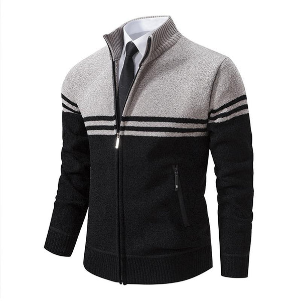 Men's Casual Stand Collar Color Block Thickened Long Sleeve Knitted Cardigan 85451449M