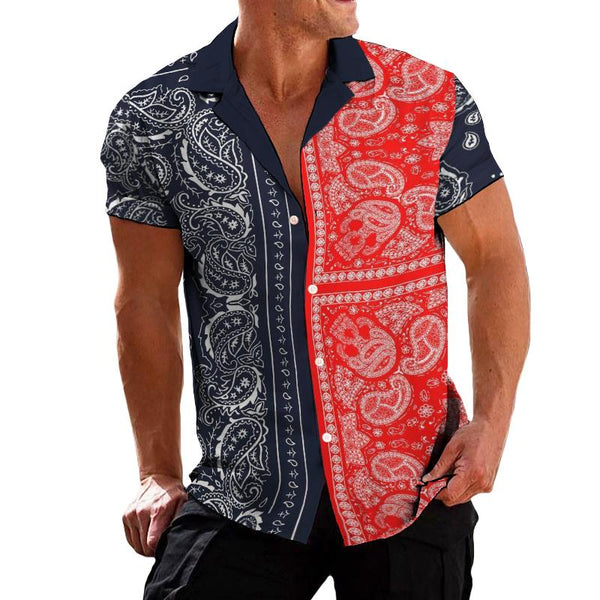 Men's Vintage Color Block Perris Cashew Flower Short Sleeve Shirt 70096440TO