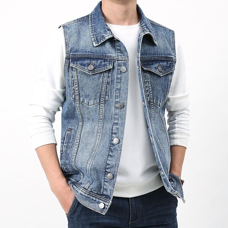 Men's Vintage Wash Lapel Single Breasted Multi Pocket Denim Vest 50562057M