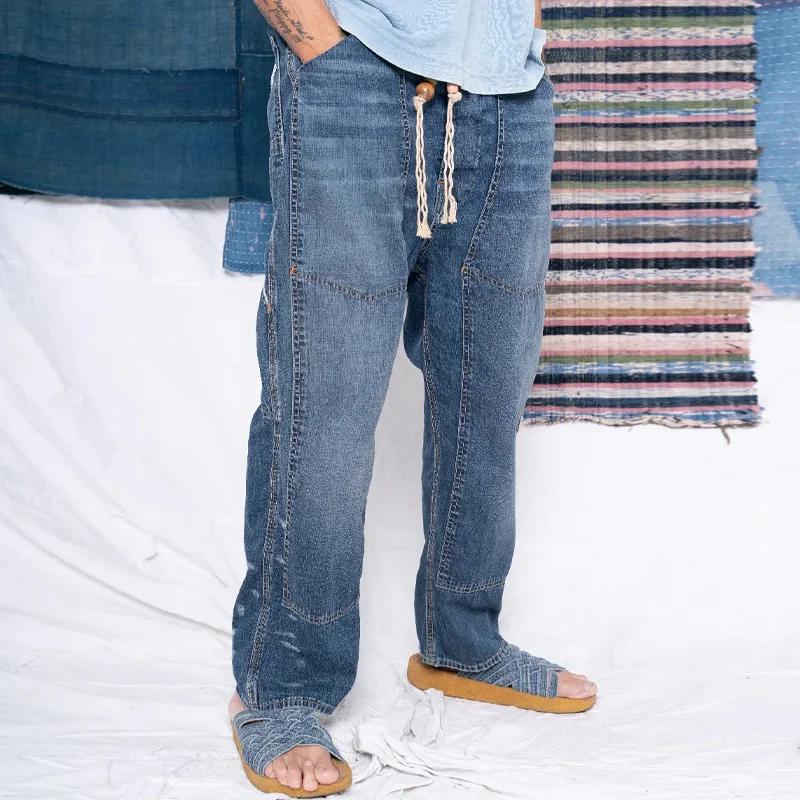 Men's Patchwork Elastic Waist Straight Leg Jeans 65183607Y