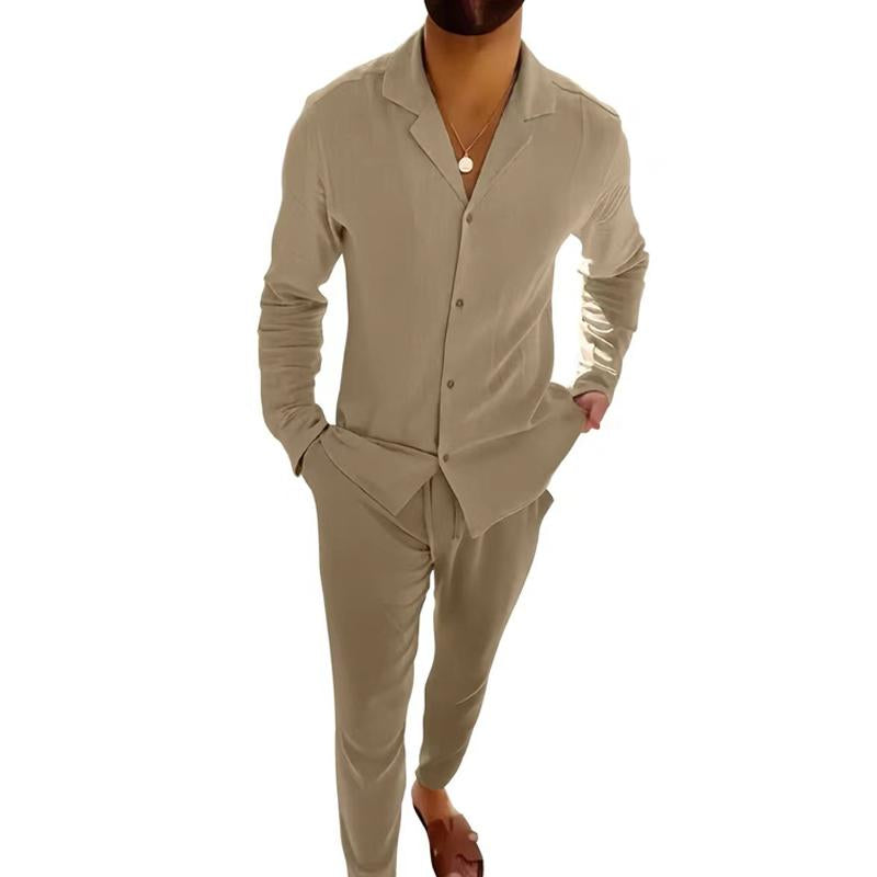 Men's Cotton And Linen Long-Sleeved Shirt And Trousers Set 57659459Y