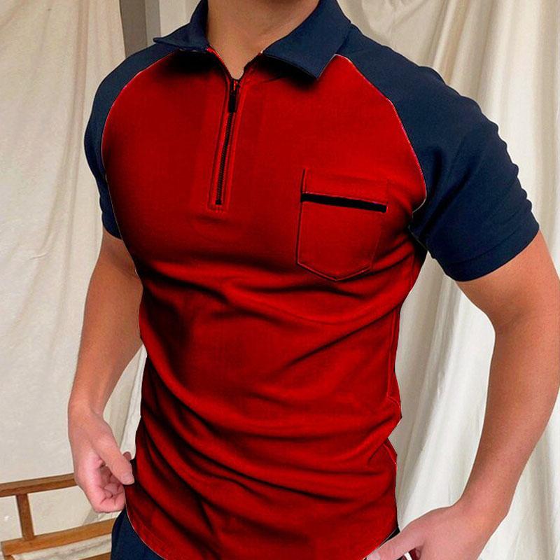 Men's Casual Color Contrasting Lapel Zipper Polo Shirt 52357934M