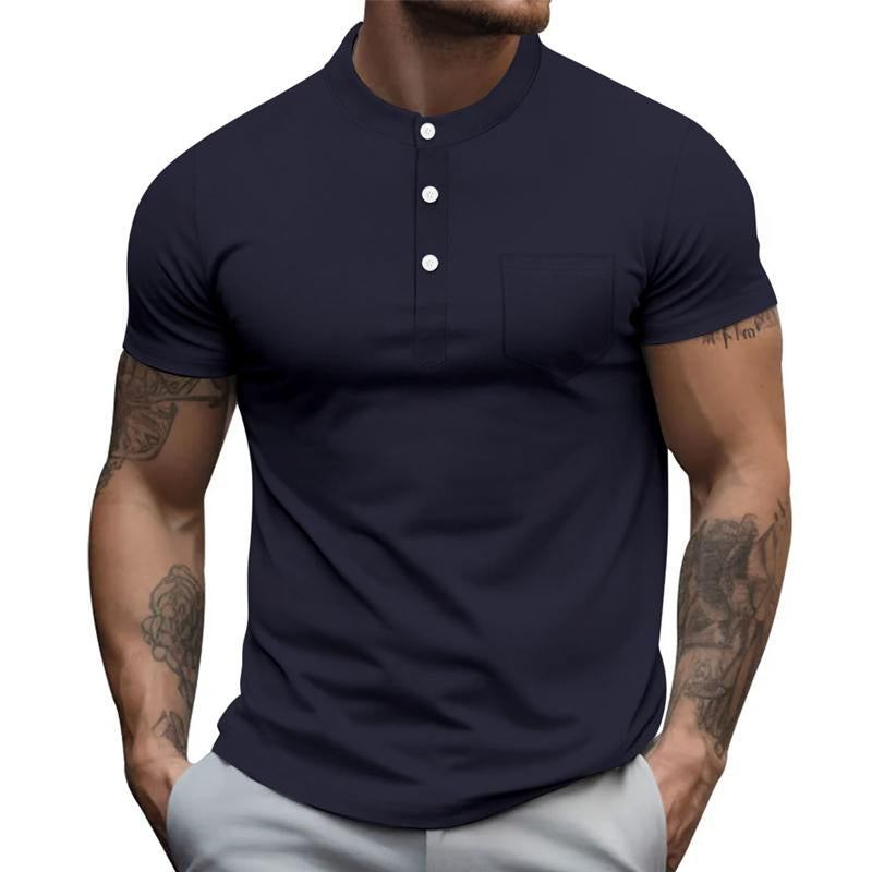Men's Casual Solid Color Round Neck Button Down Short Sleeve Polo Shirt 49169531Y