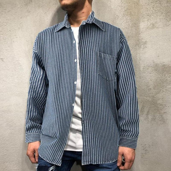Men's Vintage Stripe Lapel Long Sleeve Denim Shirt 08769441Y
