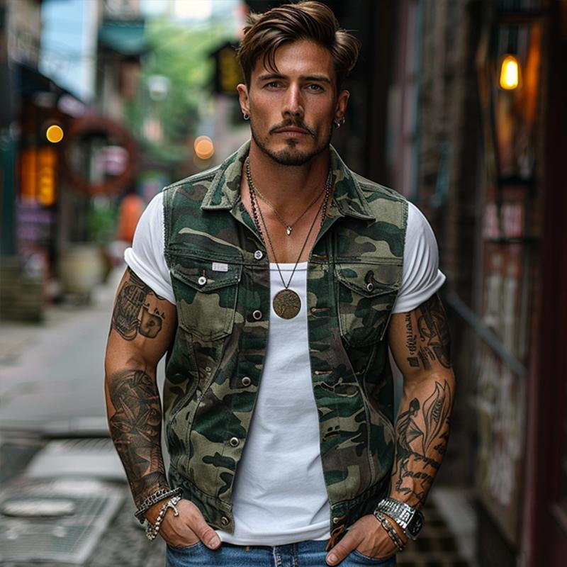 Vintage Camouflage Canvas Lapel Vest for menn 83480535X