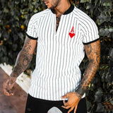 Men's Casual Striped Ace of Hearts Zipper Short-sleeved T-shirt 76875500TO
